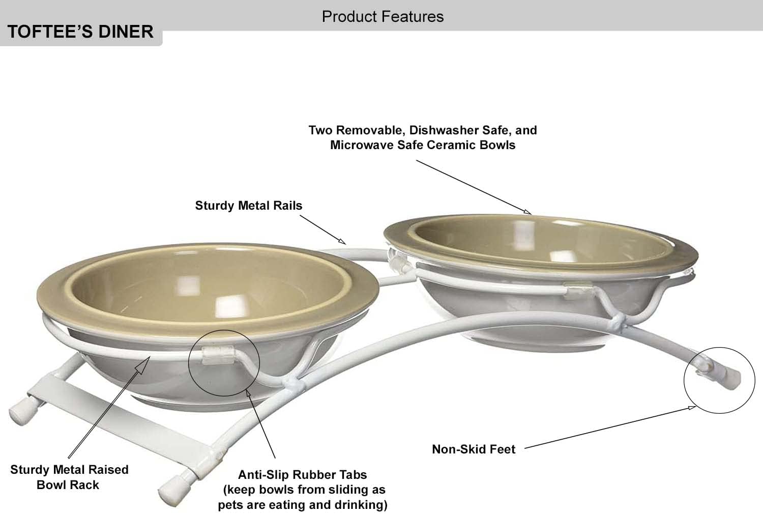 Pet Supplies PetRageous 44343 Toftees Paws Diner with Two 1-Cup Dishwasher-Safe Bowl Capacity 10.75-Inch Length 2.25-Inch Tall for Extra Small and Small Dogs and Cats, White Diner with Taupe Bowl, Brown : Pet Bowls : - Image 3