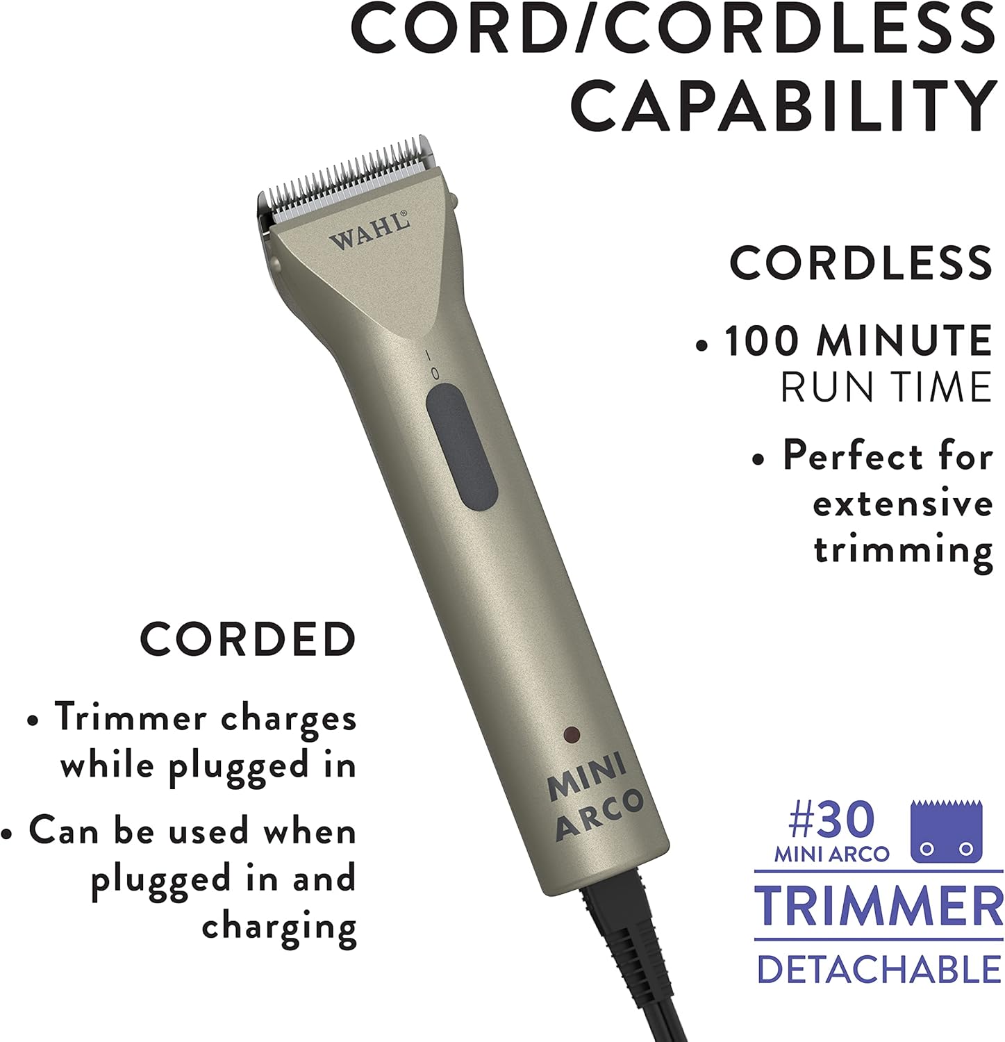 Pet Grooming Clippers : Wahl Professional Animal MiniArco Corded/Cordless Pet, Dog, Cat, and Horse Trimmer Kit - Image 6