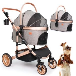 Pet Stroller with 4 Wheels, Foldable Pet Travel Carrier for Small/Medium Dogs Cats up to 50lbs, Detachble Portable Pet Bag, Storage Basket, Car Seat 3 in 1 Multifunctional (Grey) : Pet Supplies