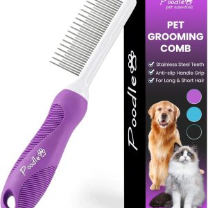 Poodle Pet Detangling Pet Comb with Long & Short Stainless Steel Teeth for Removing Matted Fur, Knots & Tangles – Detangler Tool Accessories for Safe & Gentle DIY Dog & Cat Grooming : Pet Supplies