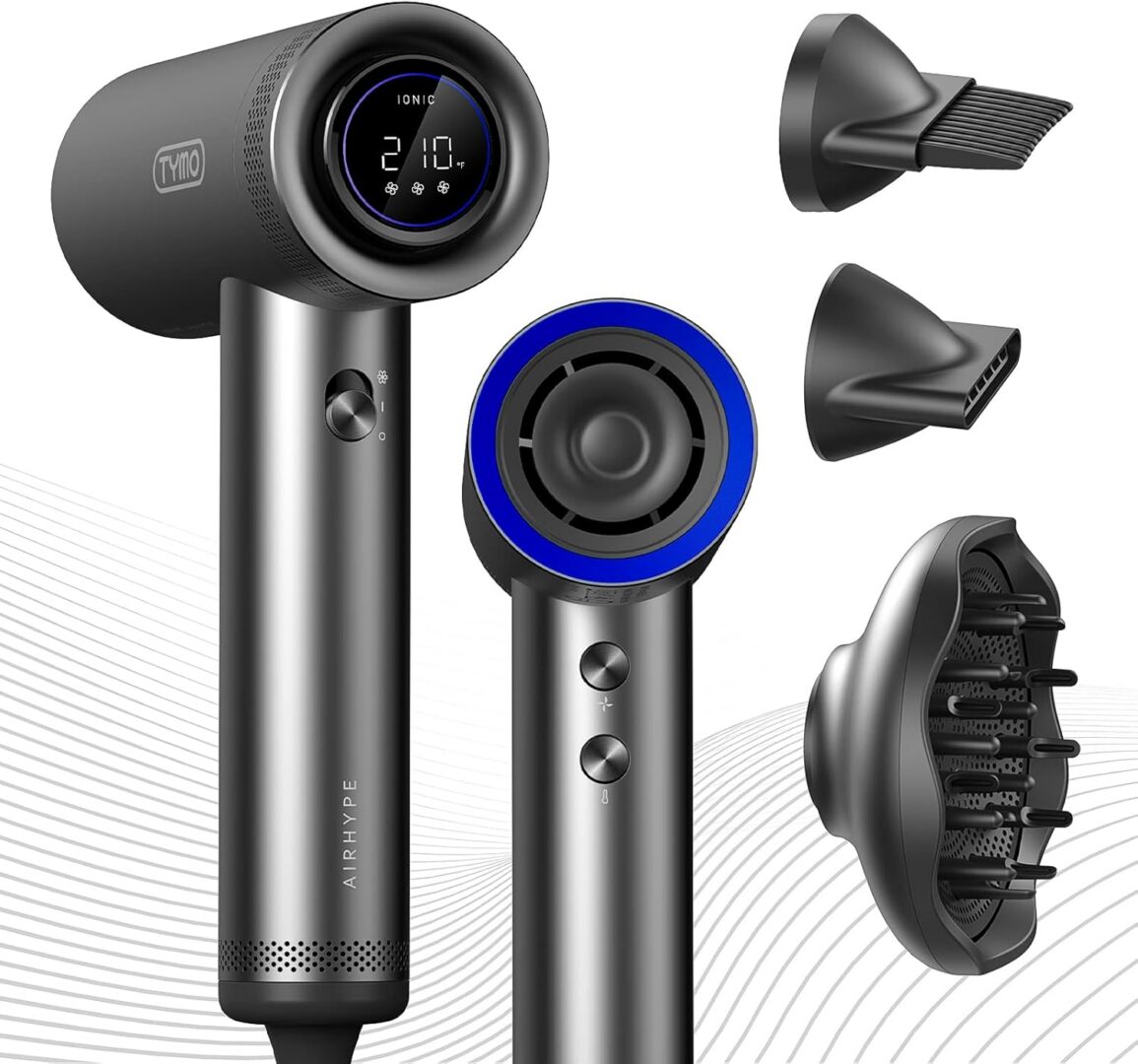 Modern hair dryer with multiple attachments displayed.